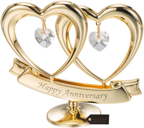 24K Gold Plated Double Heart Crystal Table Ornament for Anniversary